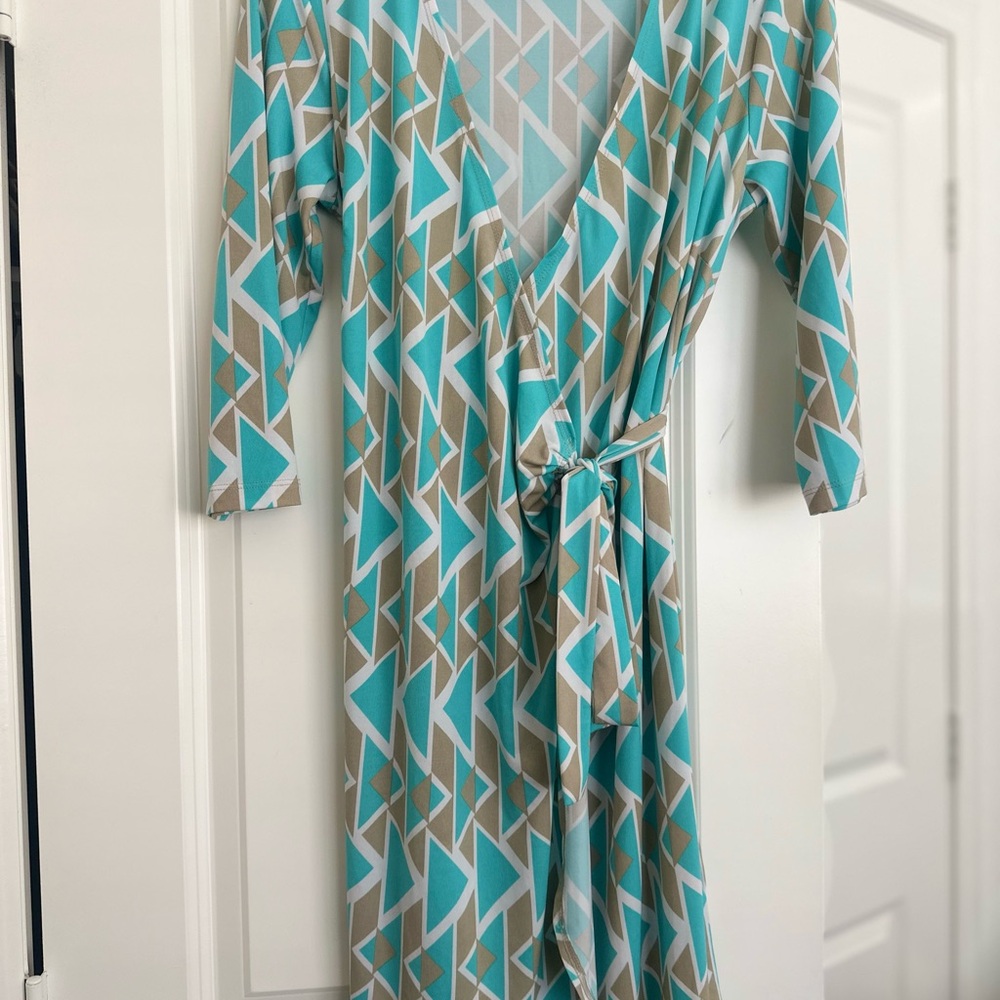 Geometric Wrap Dress in Blue and Tan